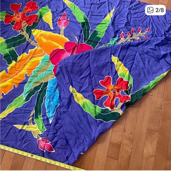 Vintage Bright Color Tropical Flowers Purple Sarong Scarf w/ Tassels - Picture 2 of 8